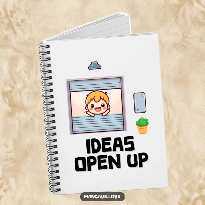 Funny miniature garage door character opening cheerfully, on the cover of a practical and welcoming notebook.