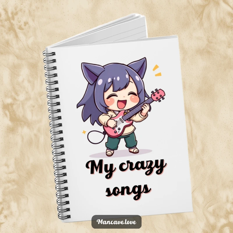 Funny notebook with a character joyfully playing a tiny air guitar with excitement, great for music notes.