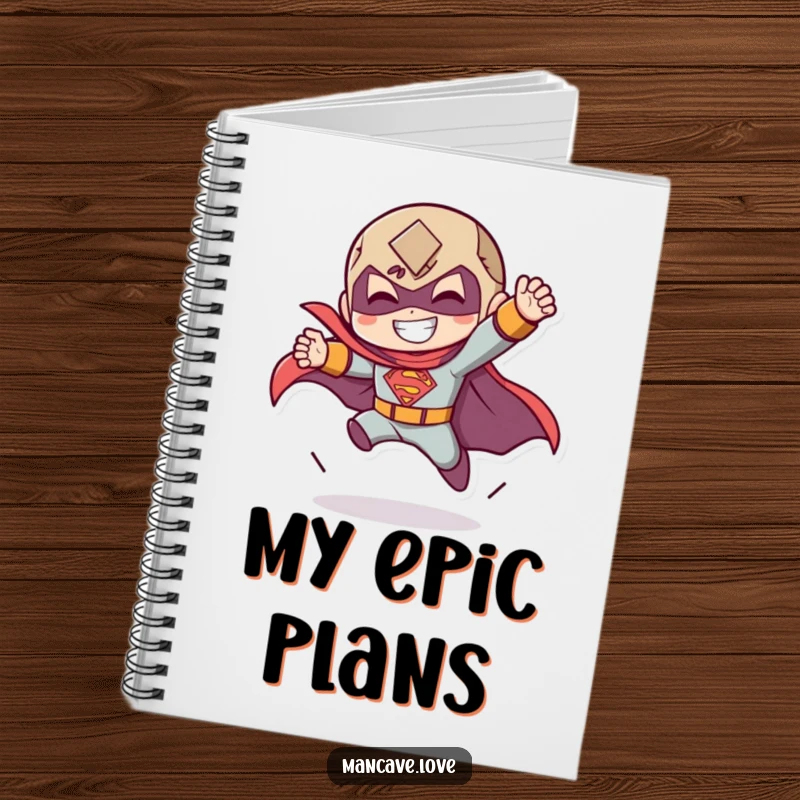 Funny notebook with a character doing a dramatic superhero landing with a grin, great for heroic notes.