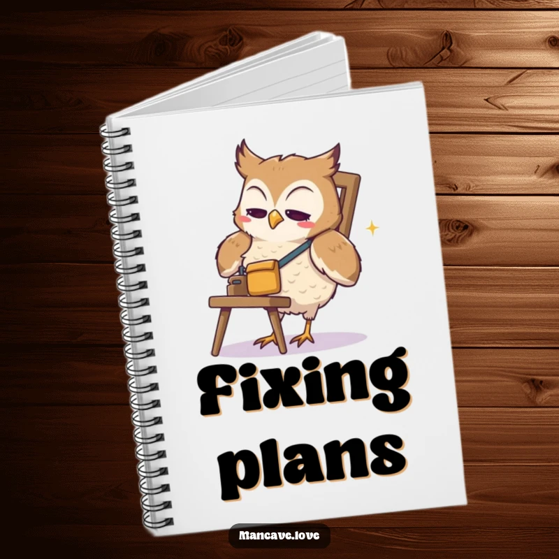 Funny Owl Notebook: A cute owl with a tool belt humorously attempts to fix a wobbly chair, perfect for jotting down funny thoughts.