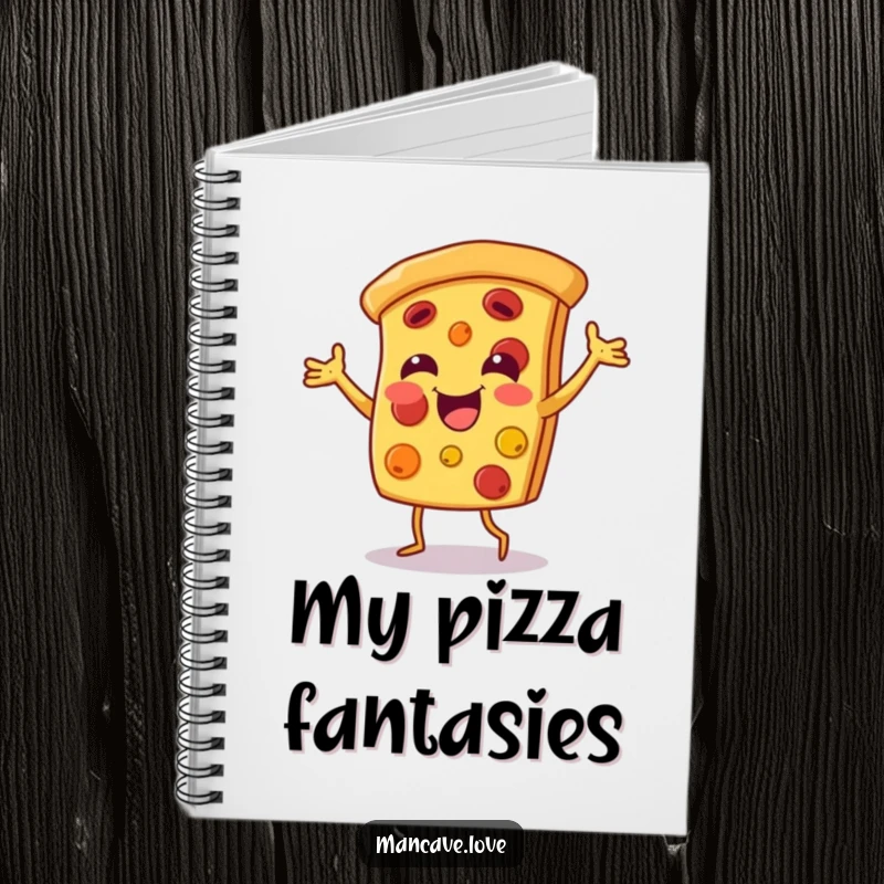 Funny pizza dance notebook with a smiling pizza slice character dancing happily, ideal for jotting down food ideas.