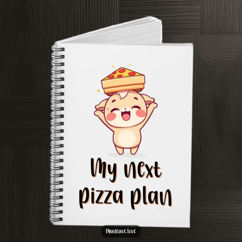 Funny Notebook: A delighted character balancing a pizza box on its head, perfect for jotting down pizza-related brilliance.