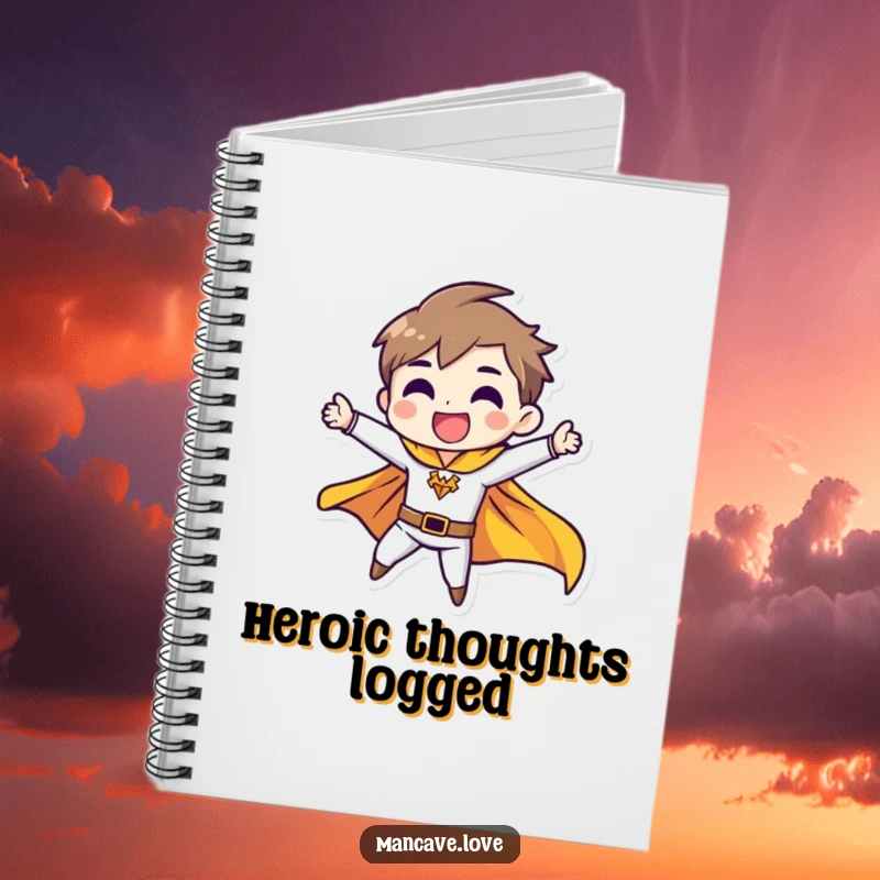 Funny notebook featuring a character in a heroic pose with a fluttering cape, perfect for jotting down ideas and plans.