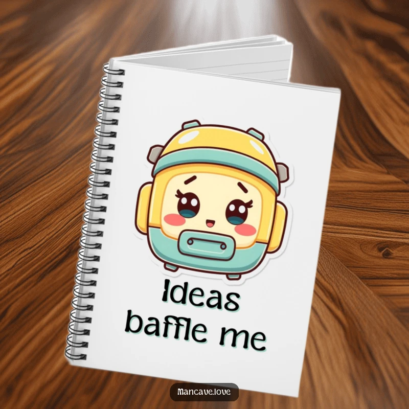 Funny mini toolbox character with a surprised expression, on the cover of a practical and humorous notebook.