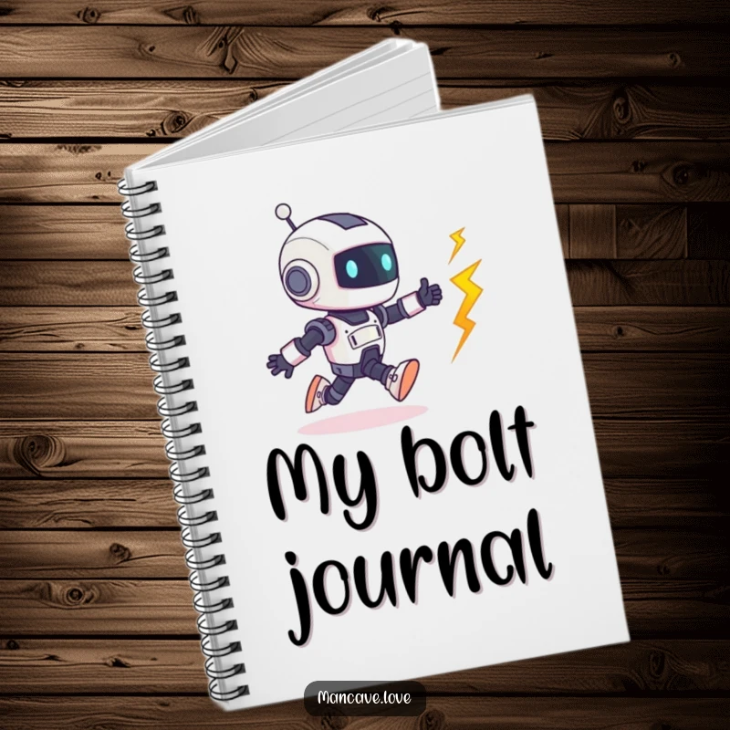 Funny Robot Notebook: A tiny robot character playfully chases a runaway bolt, perfect for capturing funny ideas and notes.