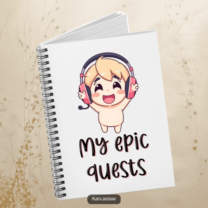 Funny gaming headset notebook with a cheerful character cheering loudly, ideal for jotting down gaming strategies.