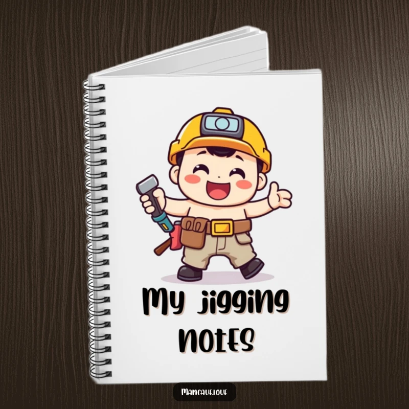 Funny toolbelt character doing a happy jig, on the cover of a practical and joyful notebook.