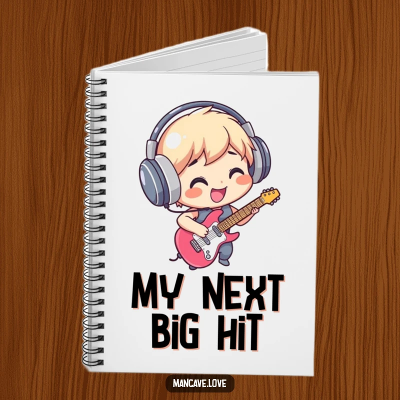 Funny Notebook: A smiling character wearing headphones, rocking an air guitar, ready to jot down musical genius and funny thoughts.