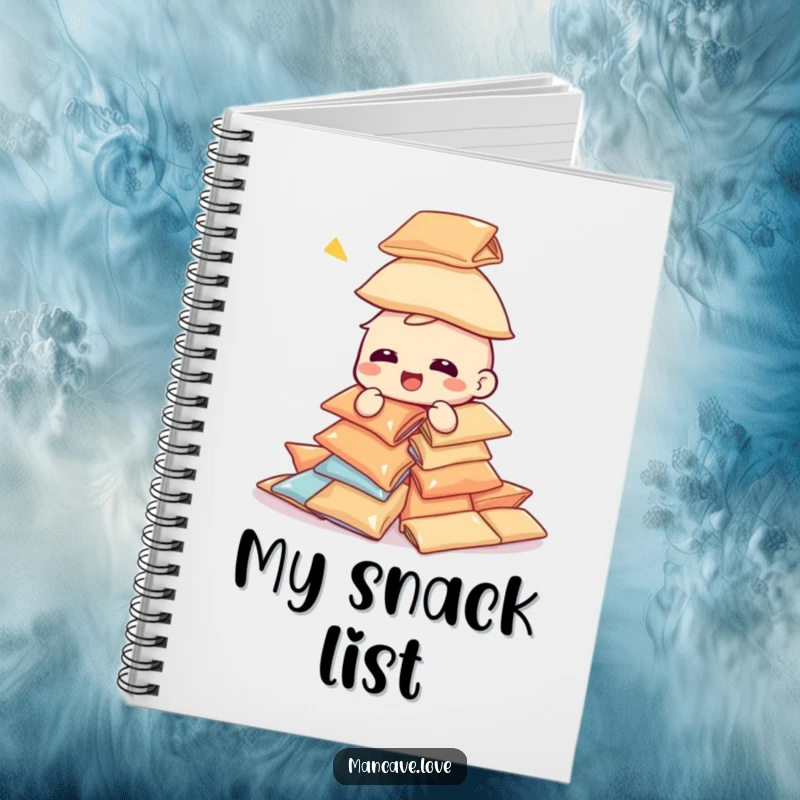 Funny giggling character notebook, attempting to build a tower of snack bags, humorous and comical design for writing.