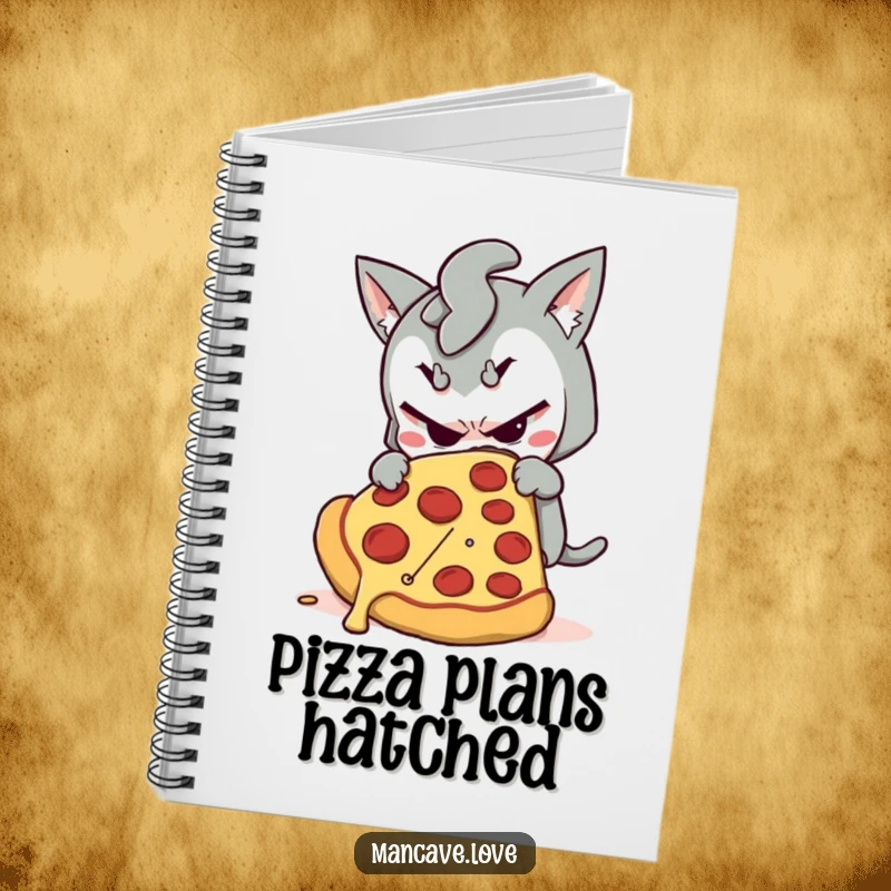 Funny notebook featuring a mischievous character sneaking a giant slice of pizza, ideal for journaling and creative writing.