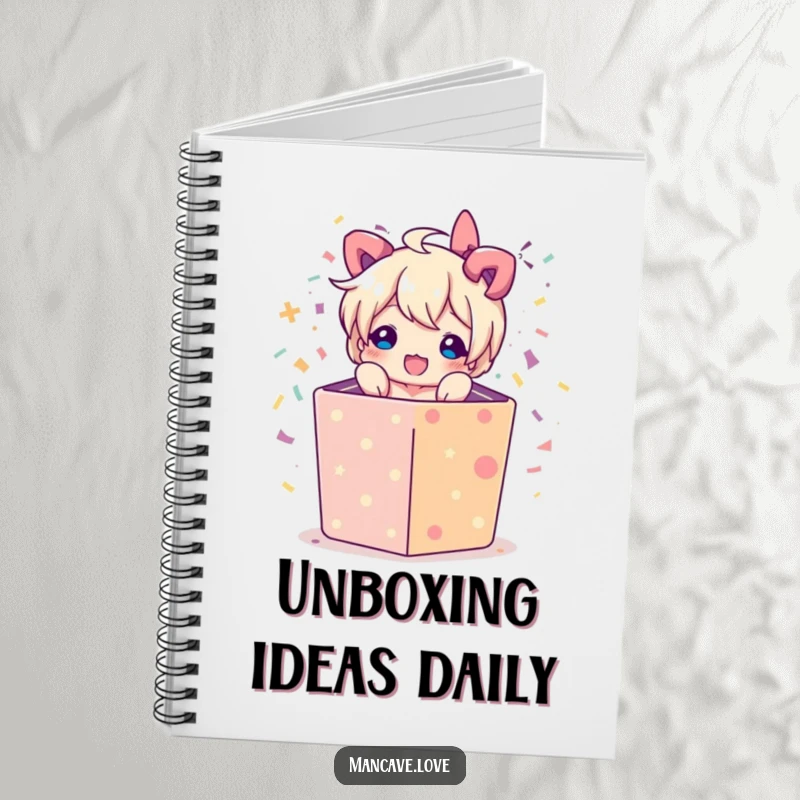 Funny notebook featuring a character bursting from a gift box with confetti, ideal for planning, journaling, or note-taking.