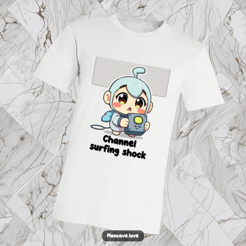 Funny T-Shirt: A surprised character wide-eyed, holding a TV remote, depicting the thrill of channel surfing discovery.