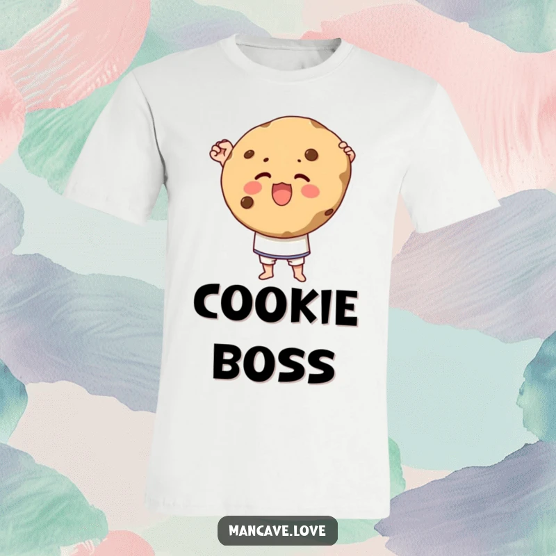 Funny t-shirt of a character triumphantly holding a giant cookie with immense pride, celebrating a delicious victory.