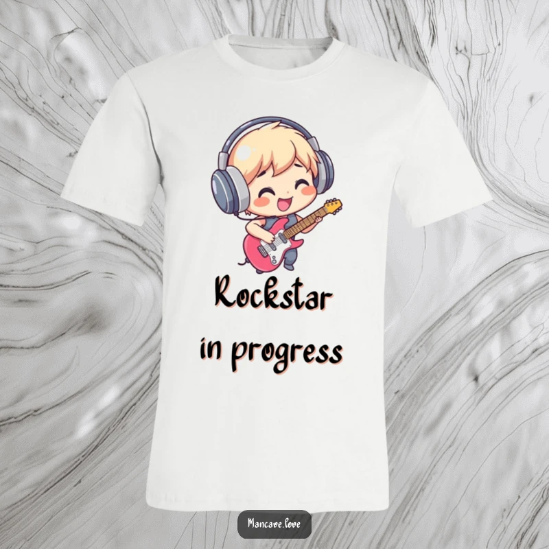 Funny T-Shirt: A smiling character in huge headphones, energetically pretending to play an electric guitar, radiating rockstar vibes.