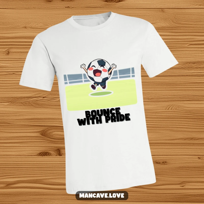 Funny football bounce t-shirt featuring a joyful character in a dynamic bouncing pose, full of athletic energy.