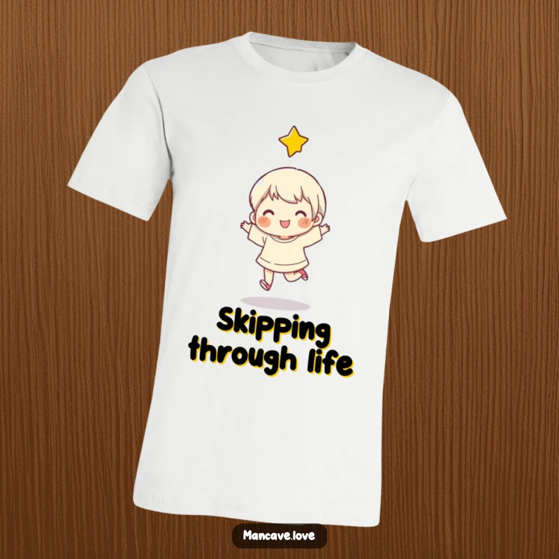 Funny T-Shirt showcasing a character in a spontaneous happy skip, a star overhead, radiating pure, unadulterated joy.