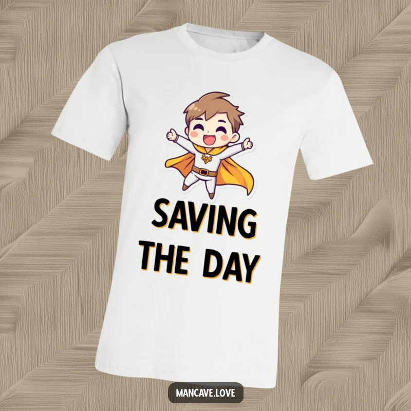 Funny t-shirt showing a character in a heroic pose with a cape dramatically fluttering, perfect for aspiring superheroes.