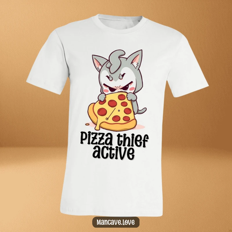 Funny t-shirt depicting a mischievous character stealthily grabbing a huge slice of pizza, capturing sneaky indulgence.