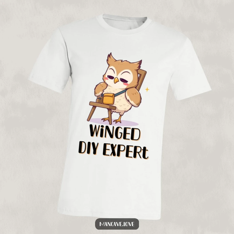 Funny Owl T-Shirt: A cute owl wearing a tiny tool belt looks comically determined while trying to repair a wobbly chair.