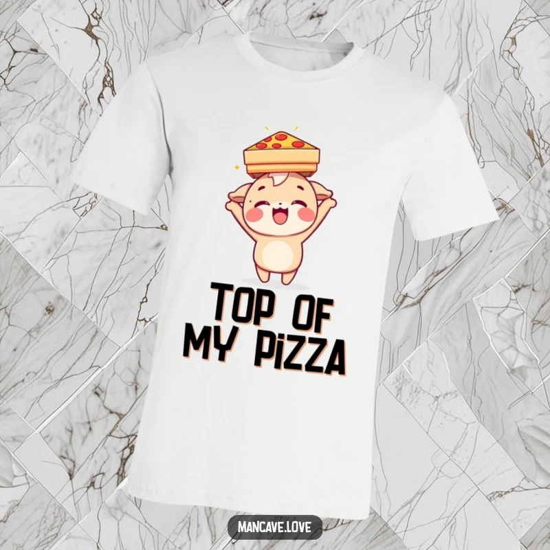 Funny T-Shirt: A delighted character with a pizza box balanced perfectly on its head, embodying cheesy fun.