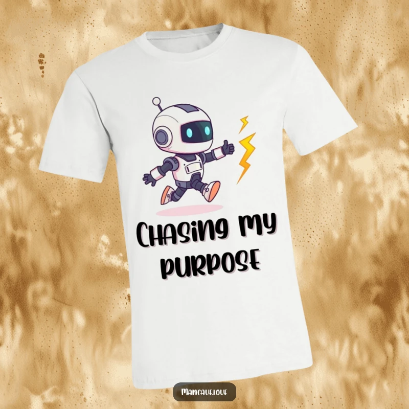 Funny Robot T-Shirt: A small, cute robot playfully chases after a bolt that has escaped, showcasing a fun, animated scene.