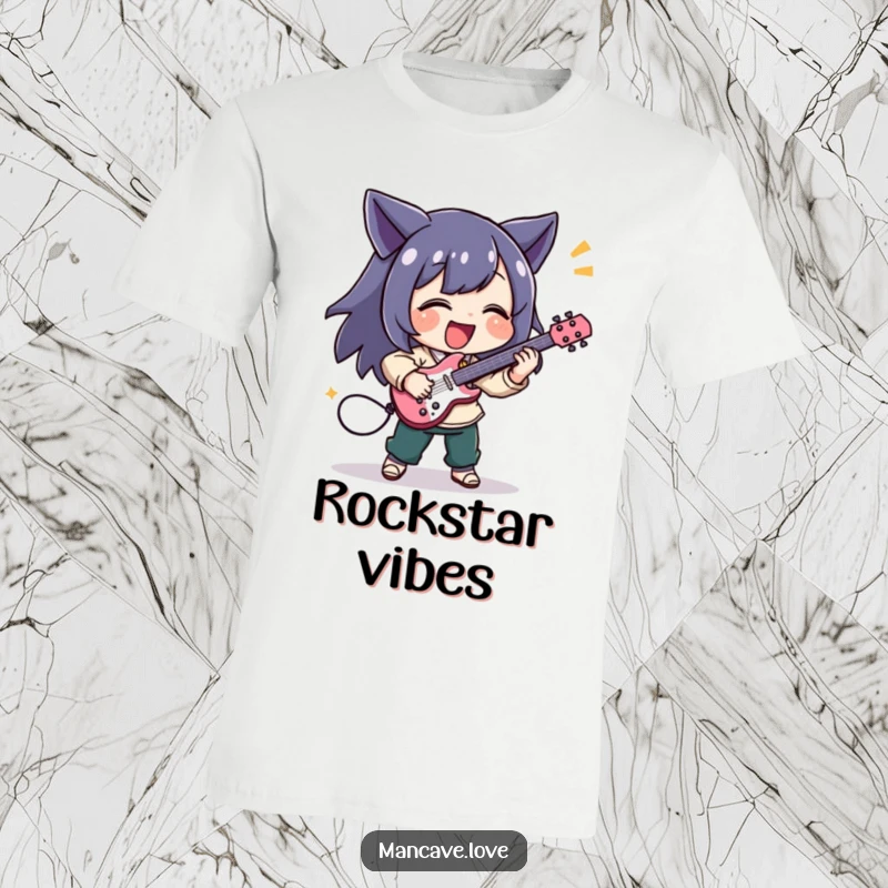 Funny t-shirt of a character joyfully playing a tiny air guitar with immense excitement, a rockstar statement piece.
