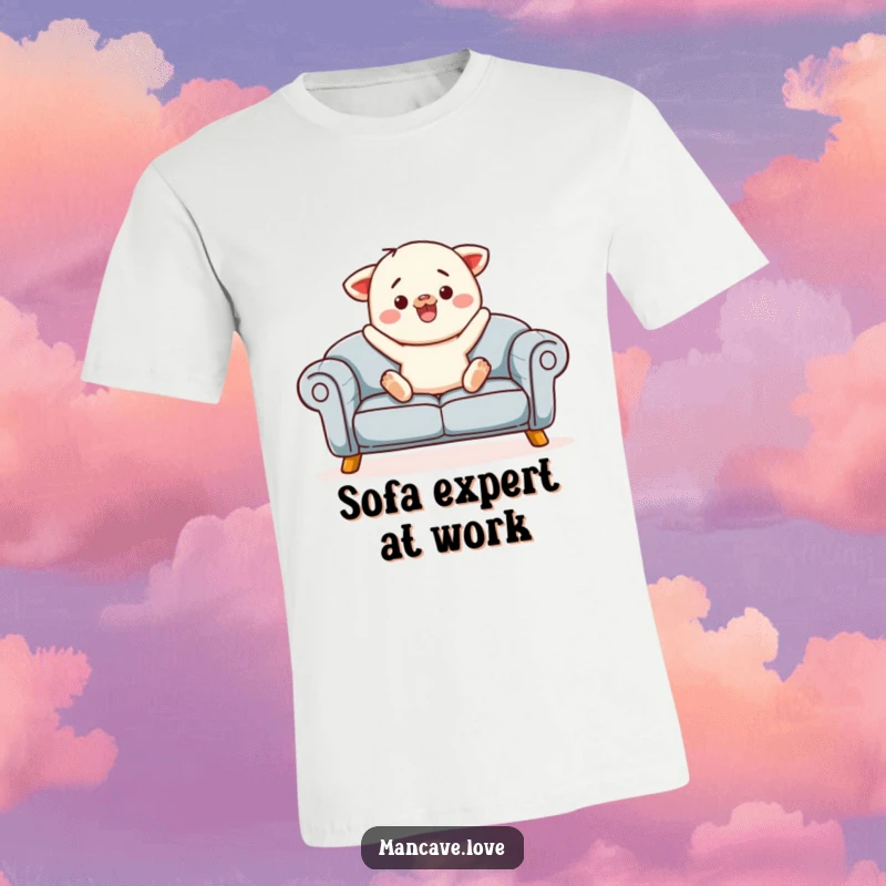 Funny sofa jump t-shirt featuring a contented sofa character in an inviting pose, ready for a cozy jump.