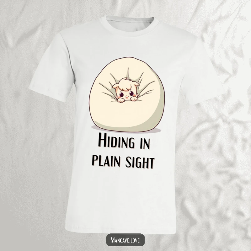 Funny mischievous character t-shirt, peeking from behind a giant beanbag chair, playful and secretive design.