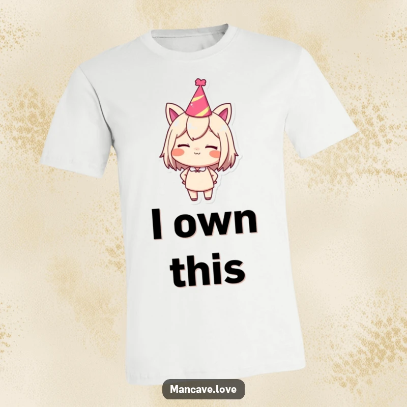 Funny t-shirt of a character in a party hat, confidently winking with a playful grin, perfect for celebrations.