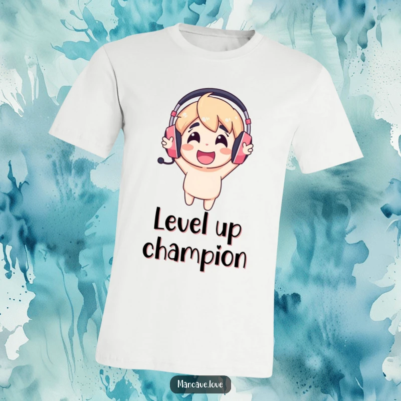Funny gaming headset t-shirt featuring a cheerful character with a headset, cheering loudly with excitement.