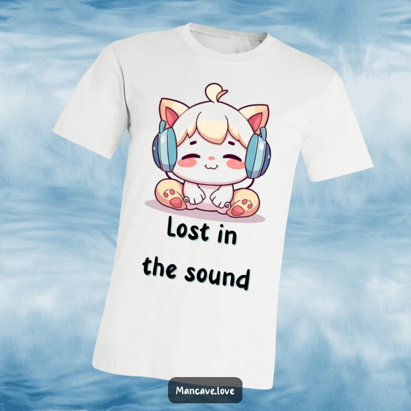 Funny T-Shirt: A whimsical character with oversized headphones, smiling contentedly, embodying relaxation and music enjoyment, a superb funny gift.