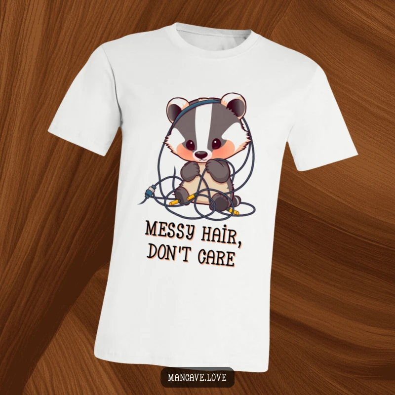 Funny Badger T-Shirt: A curious badger character examines a messy tangle of wires with a look of funny bewilderment.