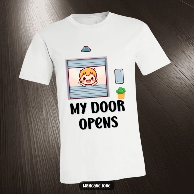 Funny miniature garage door character opening cheerfully, depicted on a comfortable and inviting t-shirt.