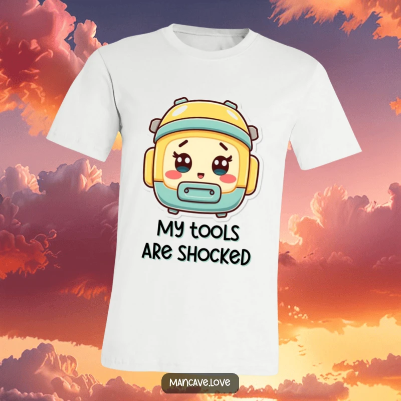 Funny mini toolbox character with a surprised expression, depicted on a comfortable and eye-catching t-shirt.