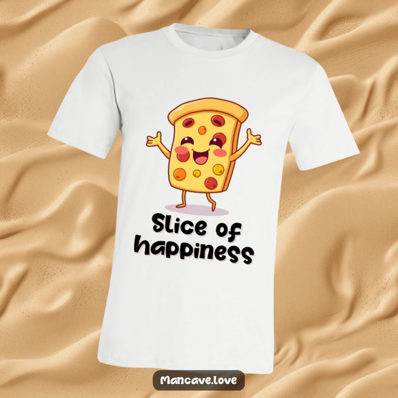 Funny pizza dance t-shirt featuring a smiling pizza slice character in a celebratory, happy dance pose.