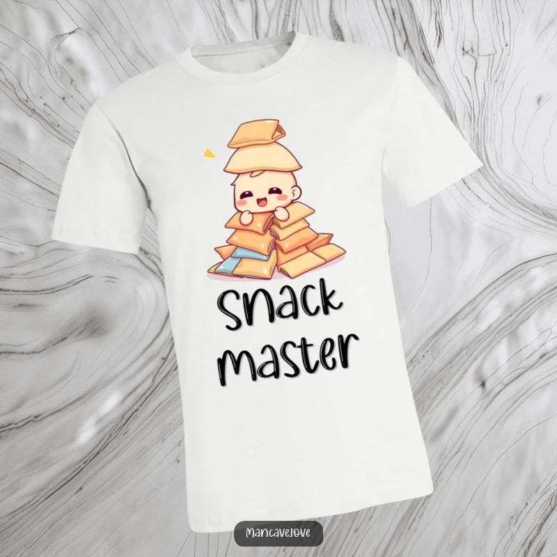 Funny giggling character t-shirt, attempting to build a tower of snack bags, chaotic and humorous snack time.