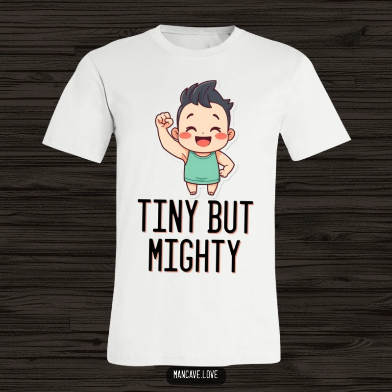 Funny t-shirt featuring a cute character triumphantly flexing a tiny bicep, designed to bring smiles and a motivational boost.