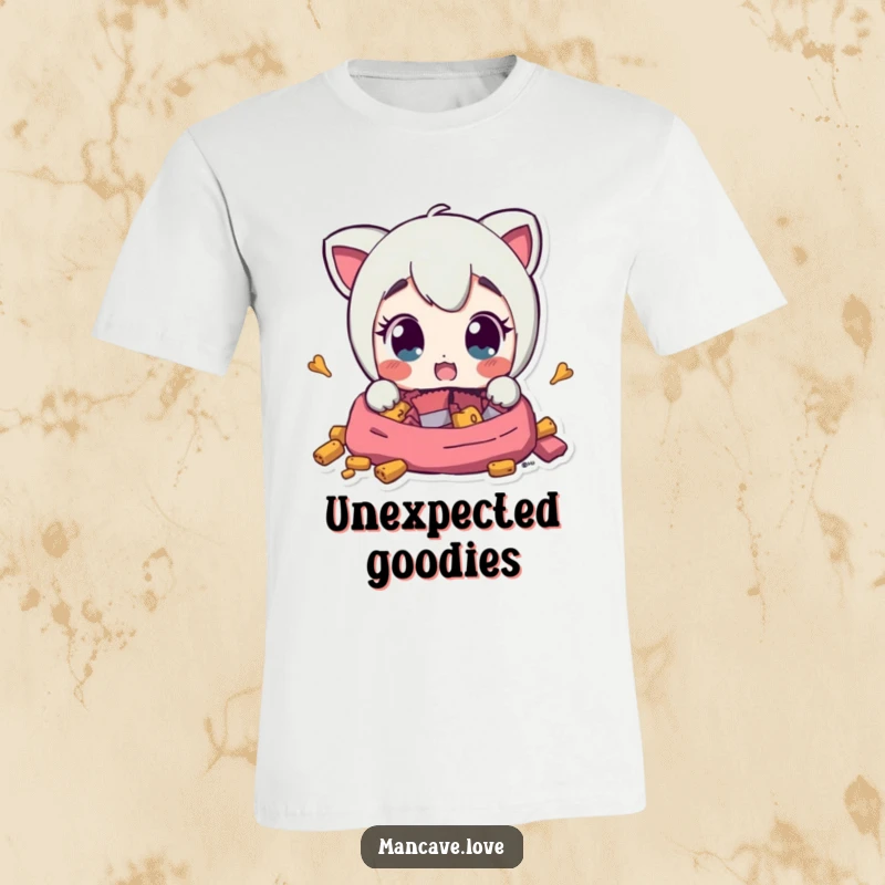 Funny T-Shirt depicts a character with wide, surprised eyes finding a hidden cache of snacks, expressing humorous shock and joy.