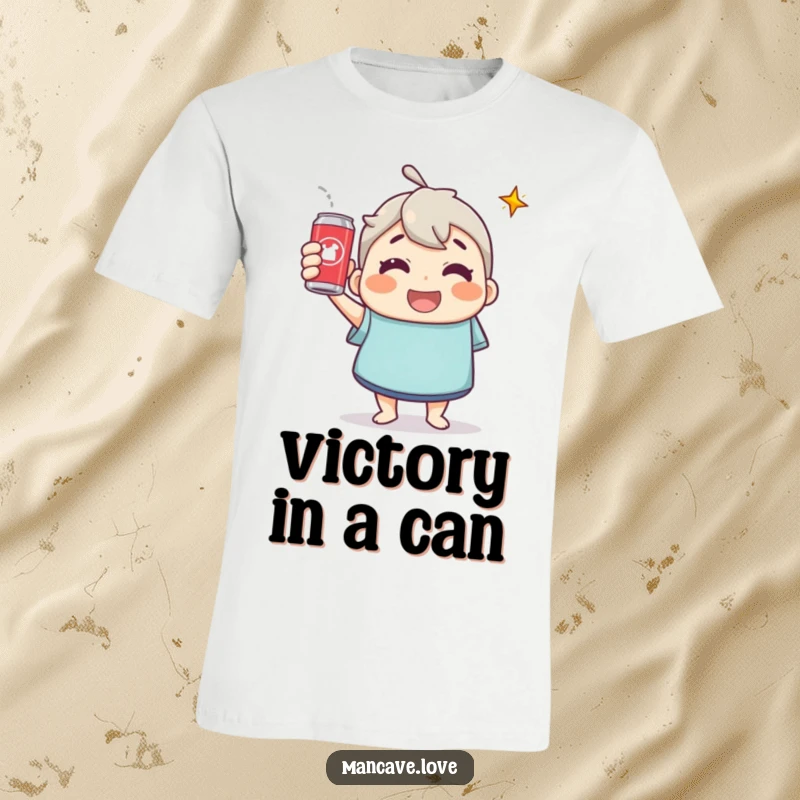 Funny T-Shirt: A cheerful character joyfully raising a soda can for a toast, symbolizing victory and good times.
