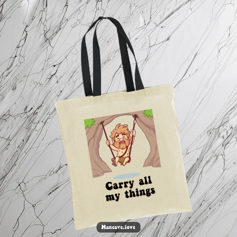 Funny Caveman Tote Bag illustrating a club-wielding character in a playful swinging motion, a humorous and functional accessory.