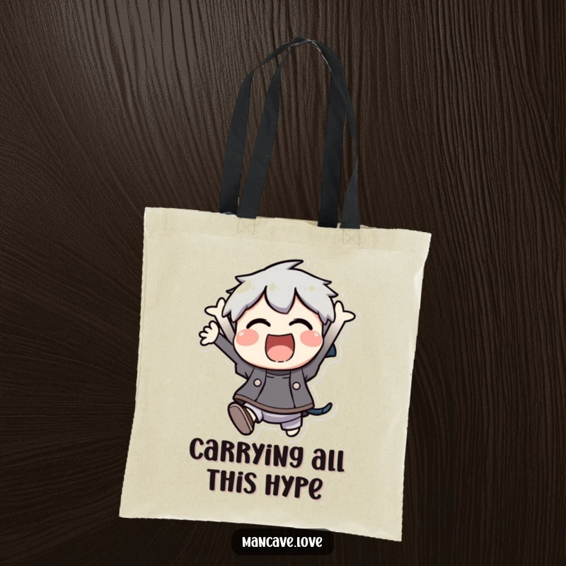 Funny Tote Bag: A character bursting with excitement, jumping high, perfect for errands or as a humorous accessory, a great funny gift.