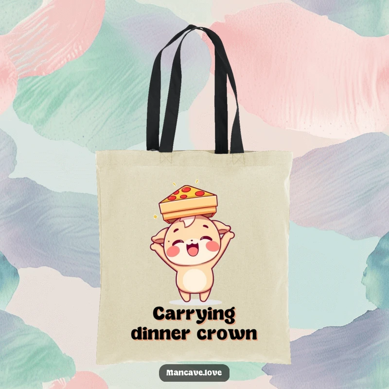 Funny Tote Bag: A delighted character balancing a pizza box on its head, ready to transport deliciousness.