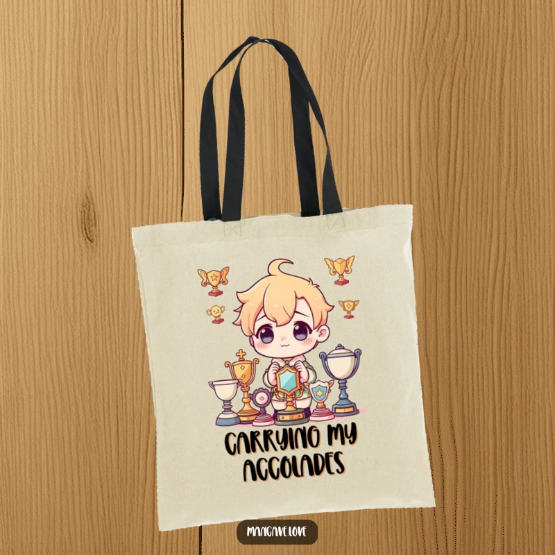 Funny Tote Bag: A character admiring imaginary trophies, perfect for carrying achievements or daily items, a humorous funny gift.