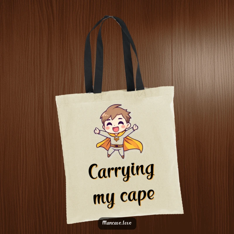 Funny tote bag with a character in a heroic pose and a fluttering cape, ideal for carrying items with superhero flair.