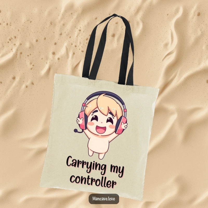 Funny gaming headset tote bag with a cheerful character cheering loudly, ideal for carrying gaming accessories.