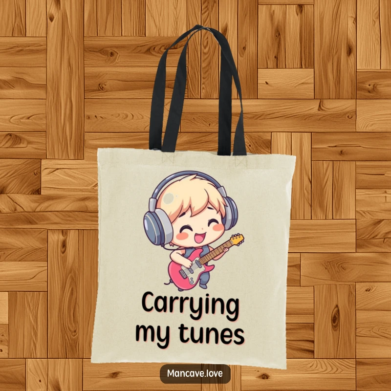 Funny Tote Bag: A smiling character with oversized headphones, rocking out on an air guitar, ready for musical adventures.