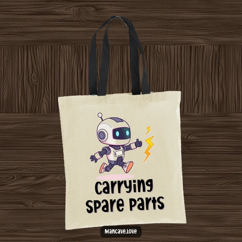 Funny Robot Tote Bag: A tiny robot character playfully chases a runaway bolt, perfect for carrying items with a humorous touch.