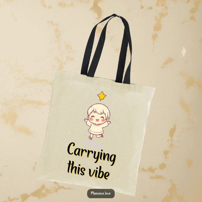 Funny Tote Bag with a character doing a happy skip under a bright star, perfect for carrying happiness and essentials.
