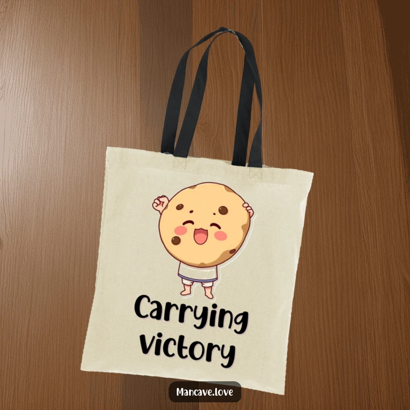 Funny tote bag featuring a character triumphantly holding a giant cookie with pride, perfect for carrying snacks.