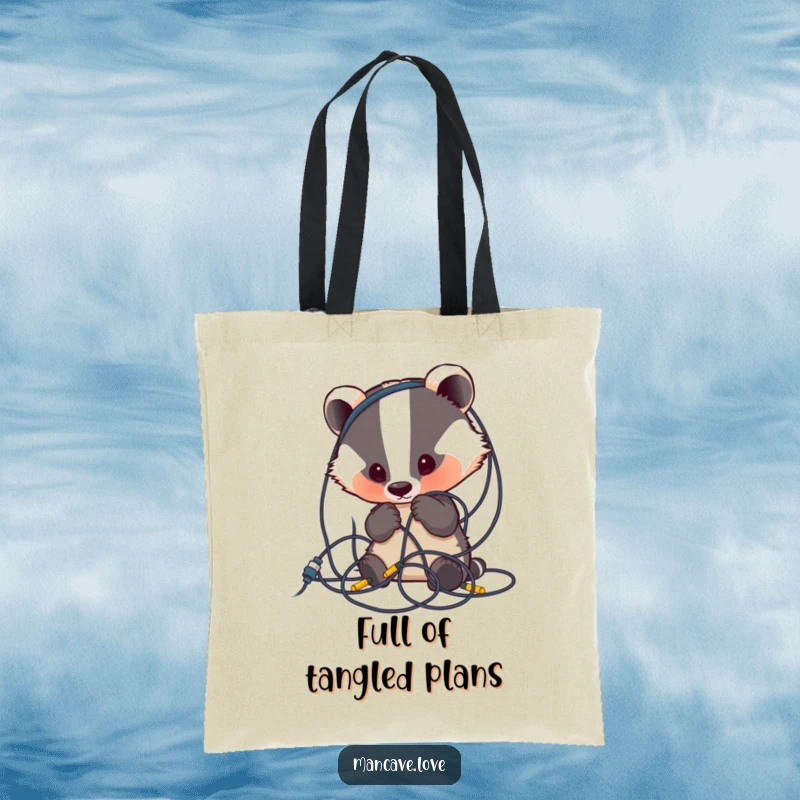 Funny Badger Tote Bag: A cute badger character curiously examines a tangled mess of wires, perfect for humorous everyday use.